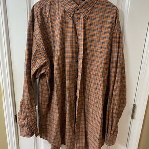 Izod Men's Casual Orange and Blue Plaid Shirt